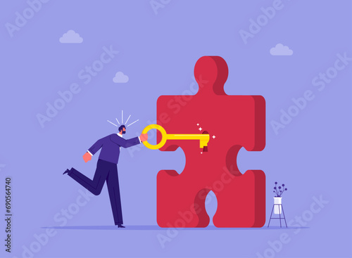Completing Project Metaphor Vector Illustration, unlocking solutions, Solving the puzzle, Key to success, businessman holding a golden key into a puzzle