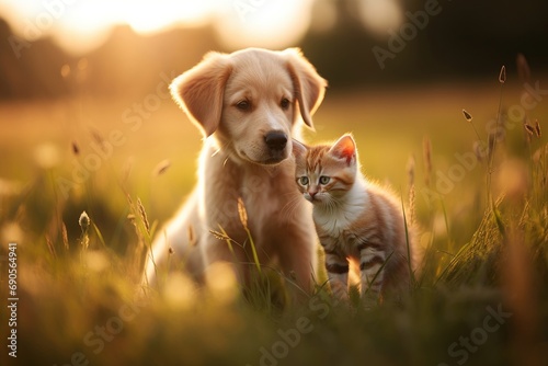 a cute puppy and kitten in a field, Generative AI 