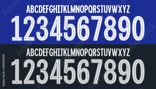 font vector team 2023 - 2024 kit sport style font. chelsea font. football style font with lines inside. sports style letters and numbers for soccer team. Home away photo