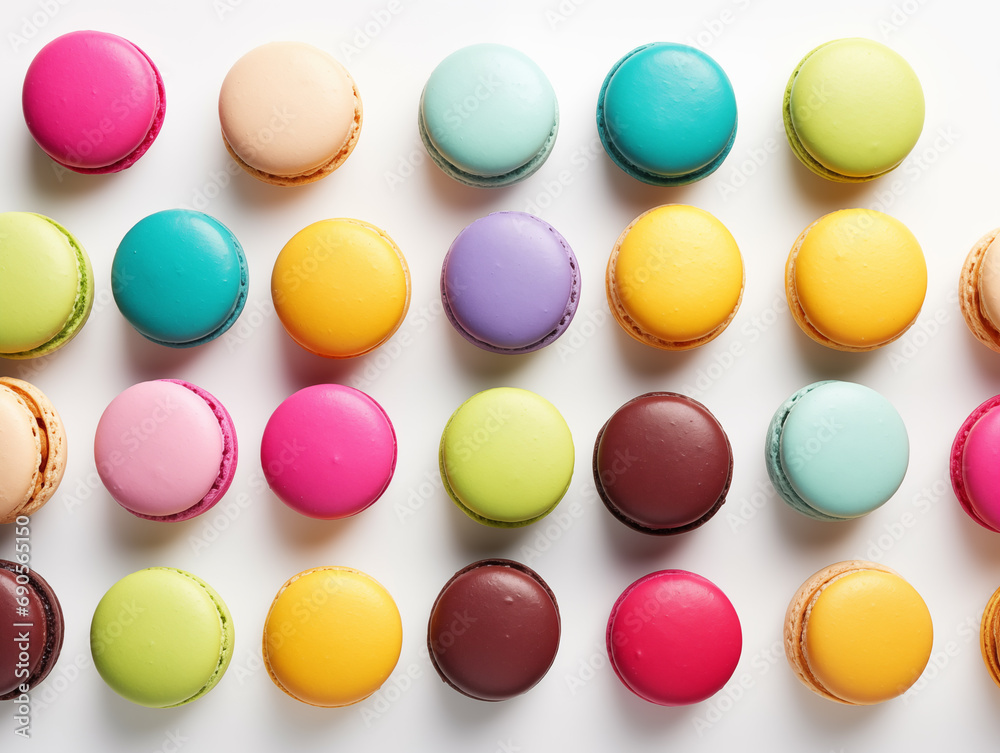 Colorful macarons arranged in a pattern, isolated on a transparent background. 