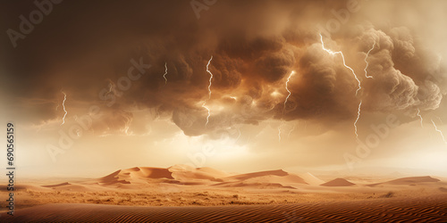 Storm clouds , dramatic dark sky over the rural field landscape, The dynamic energy of a lightning storm in a desert landscape, capturing the stark beauty of arid regions in tumultuous weather