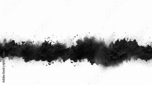 Black particles splatter on white background. Black powder dust splash on white background