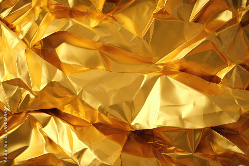 Crinkled golden foil texture with light reflections and shadows creating a luxurious and opulent abstract surface. Crinkled golden foil texture with light reflections and shadows creating a luxurious and opulent abstract surface.