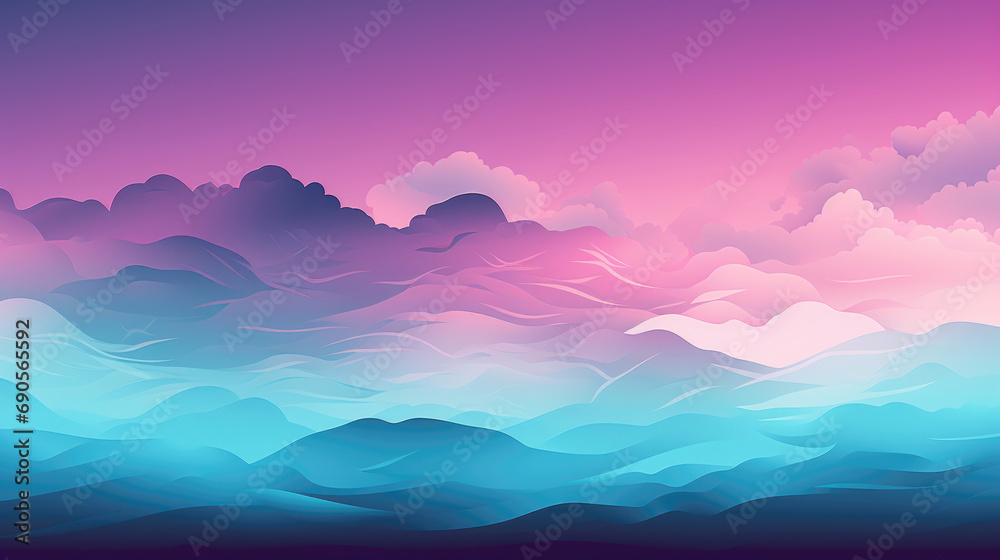 Dreamy landscape with layered blue waves beneath a vibrant pink sky filled with fluffy clouds. Perfect for serene designs, meditative spaces, and projects capturing nature's calm beauty.