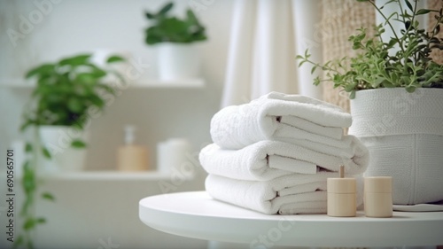 bathroom furniture in white with white towels and plants. Generative in ai