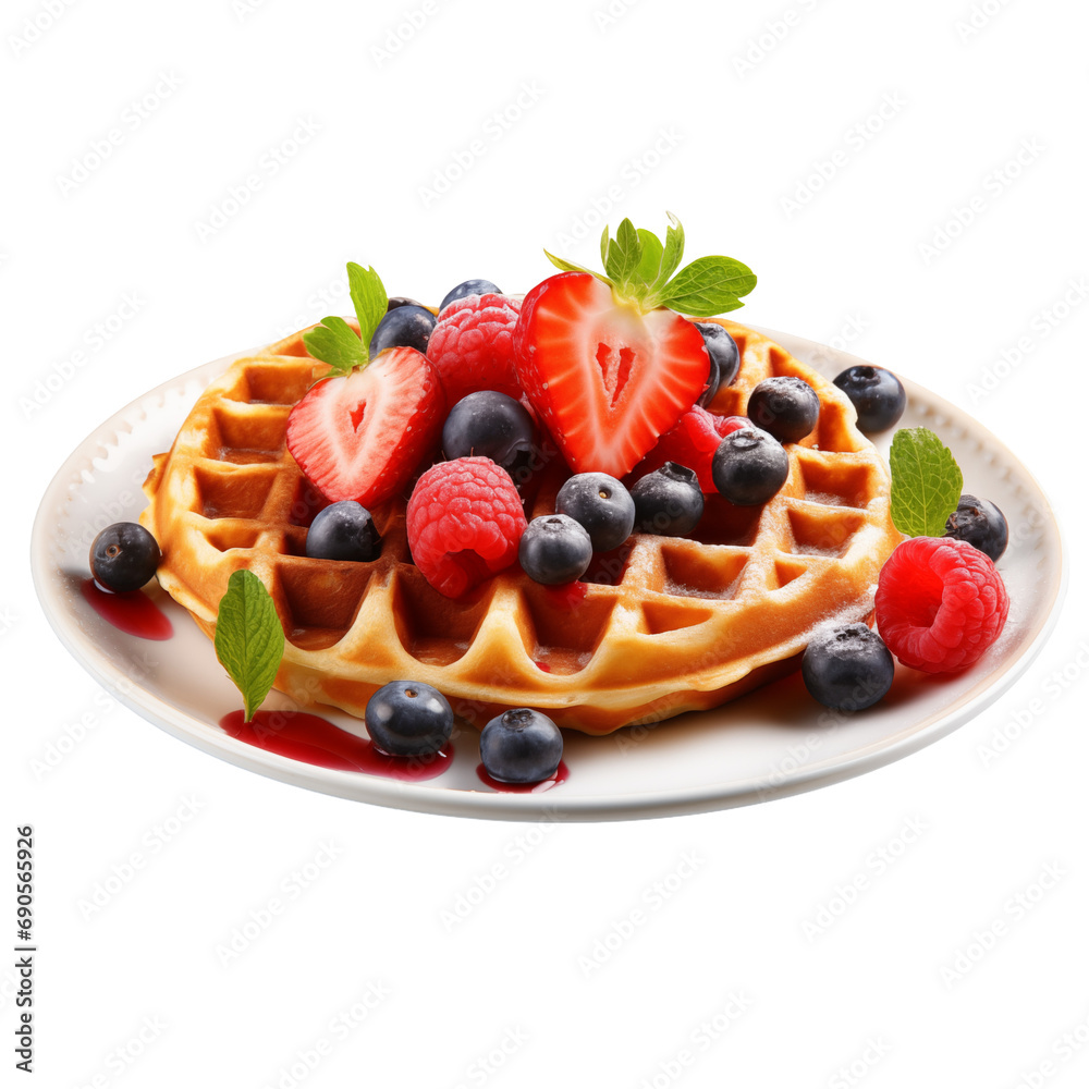 Waffle with berries and strawberry isolated on transparent background Waffle with berries and strawberry isolated on transparent background