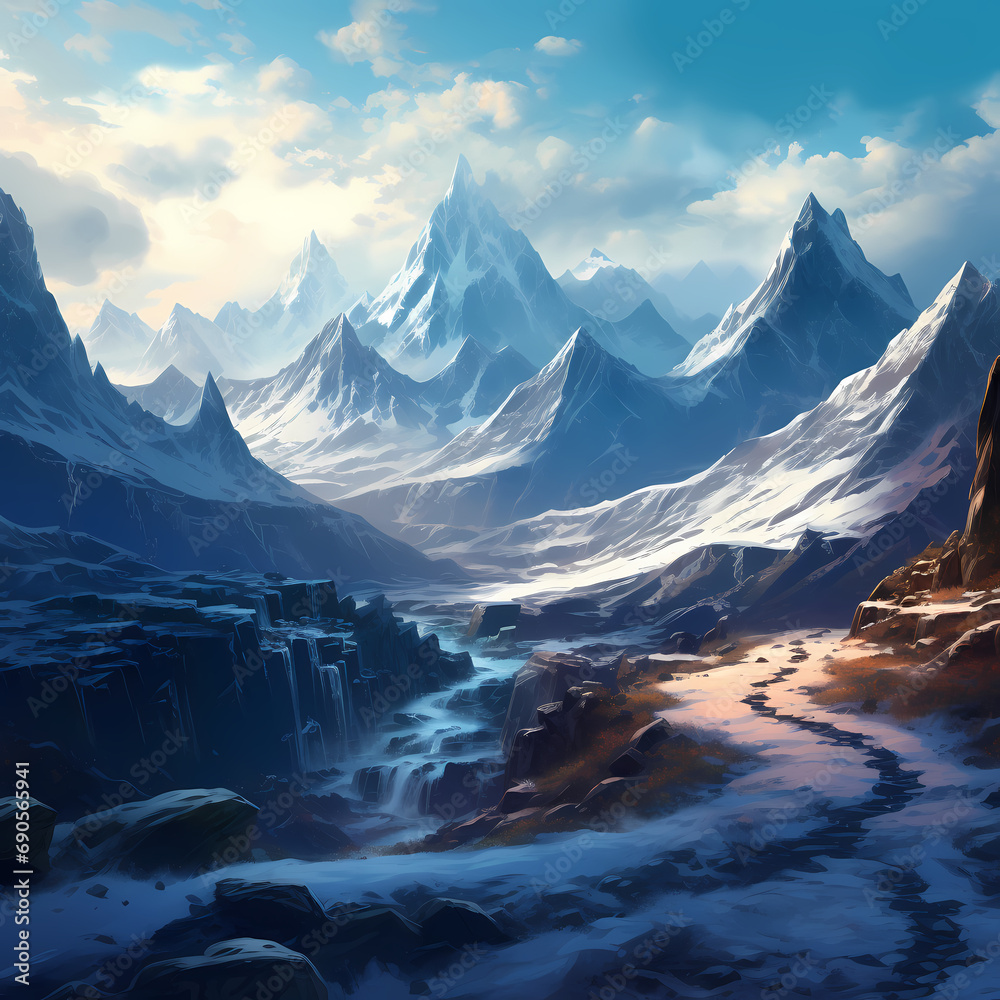 A snowy mountain range with a winding trail.
