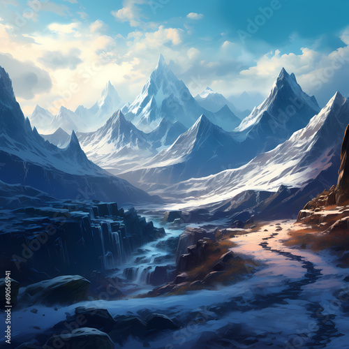 A snowy mountain range with a winding trail.