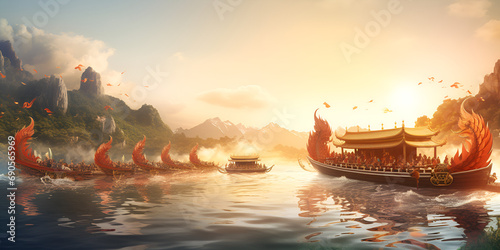 sunset over the river, Traditional Chinese boats float on the river against the backdrop of nature, green mountains, village. Dragon Boat Festival. Travel Concept, World, China. Dragon generative ai.  photo