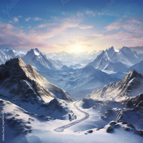 A snowy mountain range with a winding trail.