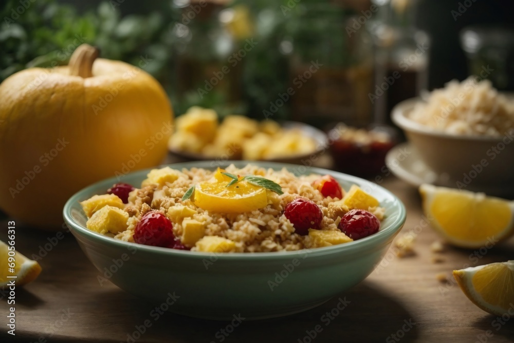 A Colorful and Nutritious Bowl of Cereal Topped with Fresh Fruit A Colorful and Nutritious Bowl of Cereal Topped with Fresh Fruit