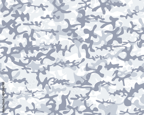 Winter Camouflage. Woodland Vector Background. Gray Camo Paint. Camo Blue Grunge. White Fabric Pattern. Military Army Brush. Repeat Gray Pattern. Modern Abstract Camouflage. Urban Seamless Paint.