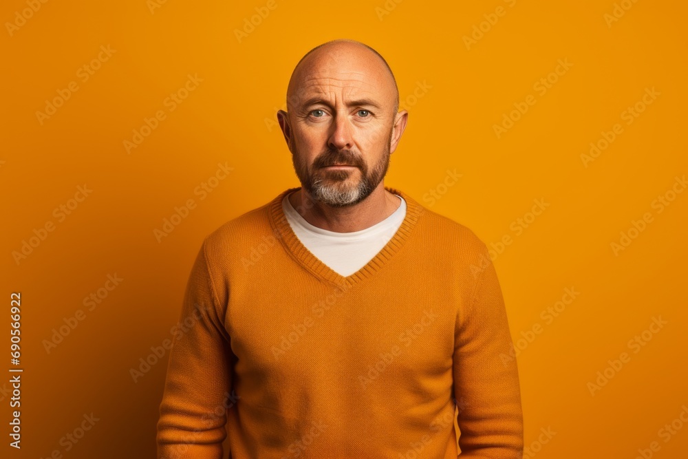 Portrait of mature man with beard and mustache in orange sweater.