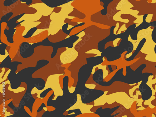 Dirty Camo Print. Yellow Fabric Pattern. Yellow Camo Brush. Orange Repeat Pattern. Abstract Black Canvas. Brown Camouflage Seamless Print. Hunter Orange Abstract Camoflage Military Vector Background. © Ihar