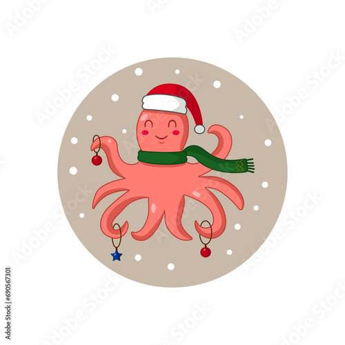 New Year vector illustration of Octopus with santa claus hat. Pink octopus in vector with candies. 