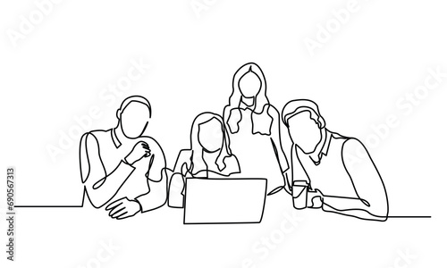 single line drawing of a group of businessmen and women working together in an office room. continuous line drawing of working people together in the office. Business team and teamwork concept. 