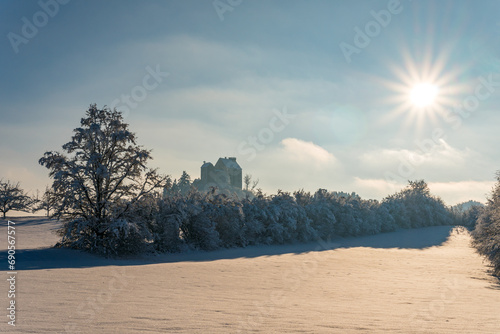 Snowy and beautiful winter landscape in Waldburg in Upper Swabia