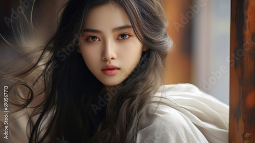 Portrait, Asian beauty and timeless elegance. Art decor, design and graphic display. Radiates allure, grace and professionalism. Inspirational concept for creative projects. © Joel/Peopleimages - AI