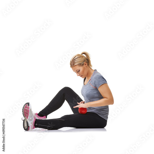 Woman, massage ball and healing body or physical therapy, injury and health or wellness by white background. Female person, athlete and studio or rehabilitation for muscles in legs and body in mockup