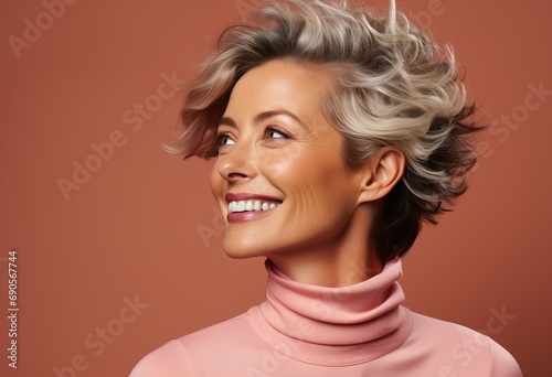 Smiling attractive woman 35s years old look off the camera photo