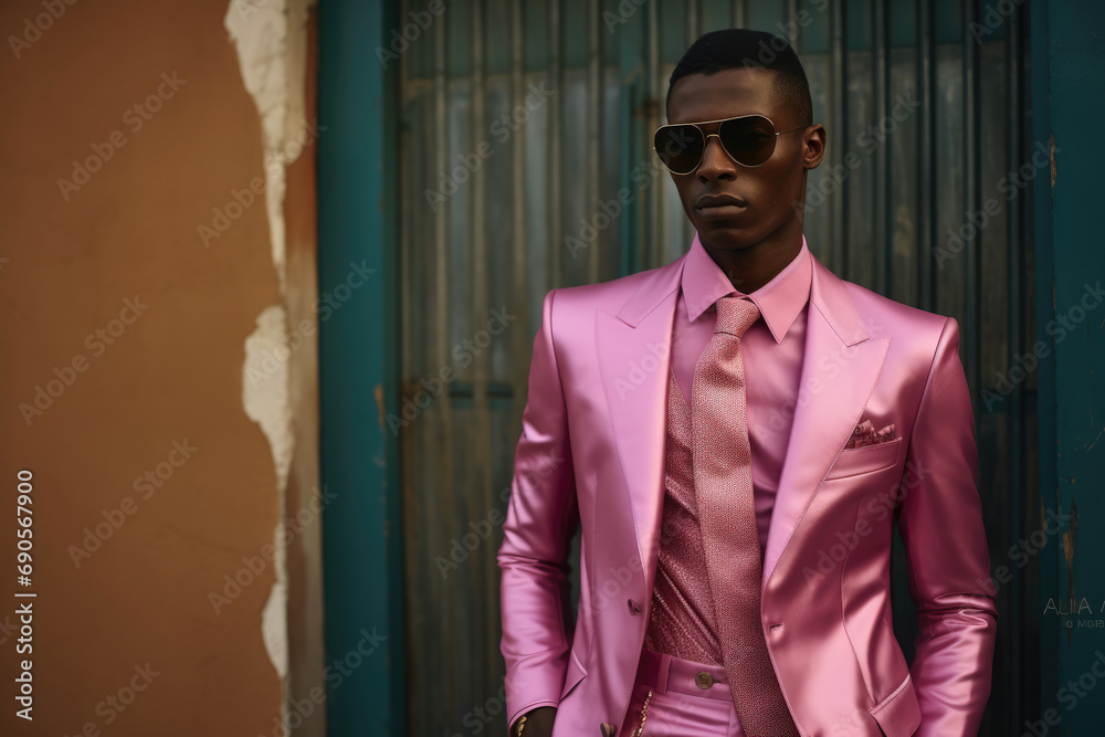Stylish man in vibrant pink suit with sunglasses, against a blue corrugated wall. Stylish man in vibrant pink suit with sunglasses, against a blue corrugated wall.