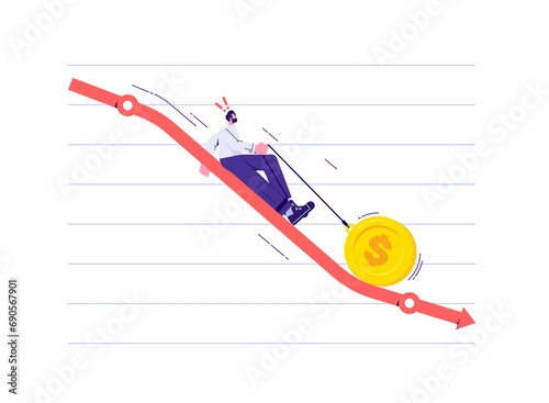 Dollar currency price falling down, de dollarization crisis or bankruptcy problem, fluctuation and uncertainty concept, businessman falling down in big golden coin tied to leg with chains
