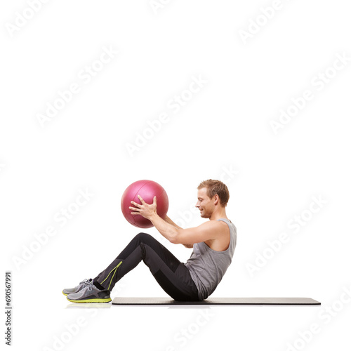 Man, medicine ball and sit up for training workout in studio on white background for mockup space, healthy or strength. Male person, sports equipment and exercise mat, target muscle abs or wellness photo