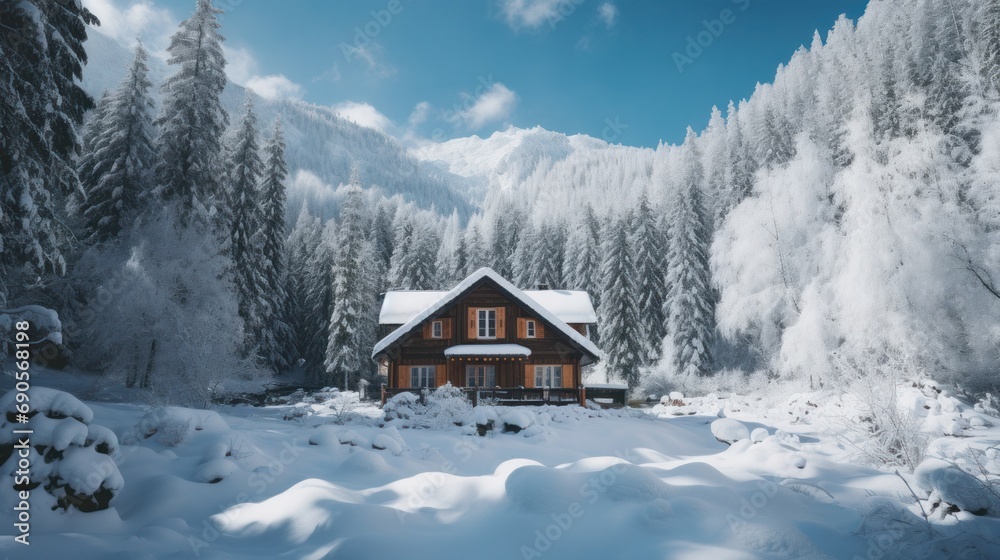 A serene mountain cabin nestled in a winter wonderland.
