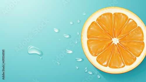 Close-up of a juicy orange slice with refreshing water droplets on a serene teal background.