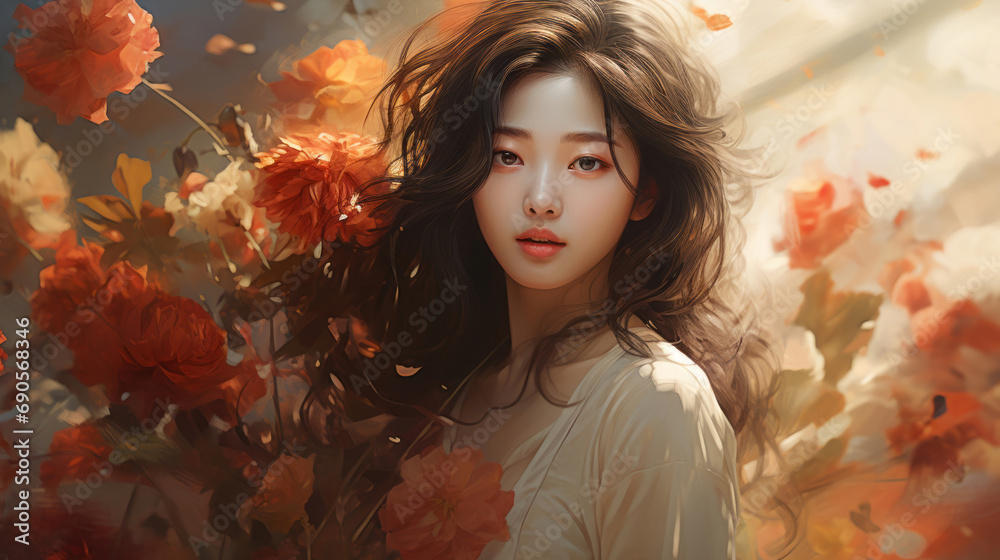 Illustration, Asian, woman in a field of flowers. Capturing beauty, grace and natures elegance. Perfect for graphic design, art decor and creative projects.