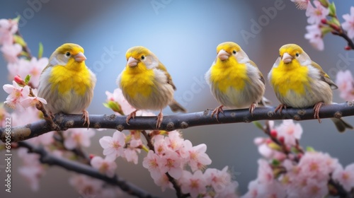 A group of colorful canaries perched on a tree branch, singing happily in a sunny Spring garden.