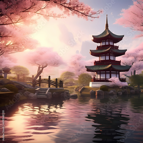A tranquil pagoda surrounded by cherry blossoms.