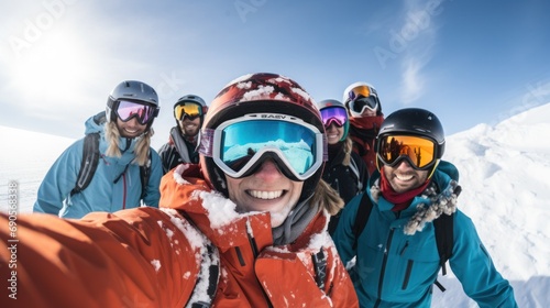 A group of friends in ski gear pose for a selfie in the snow.
