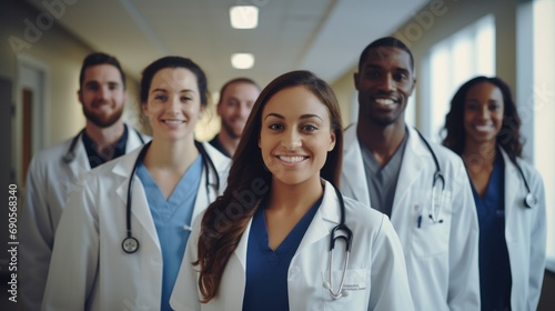 A group of medical professionals, including an enthusiastic medical student, smiling and working together in a hospital setting.