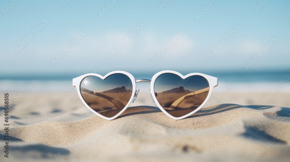 A pair of stylish heart-shaped sunglasses sitting on a sandy beach under warm sunlight.
