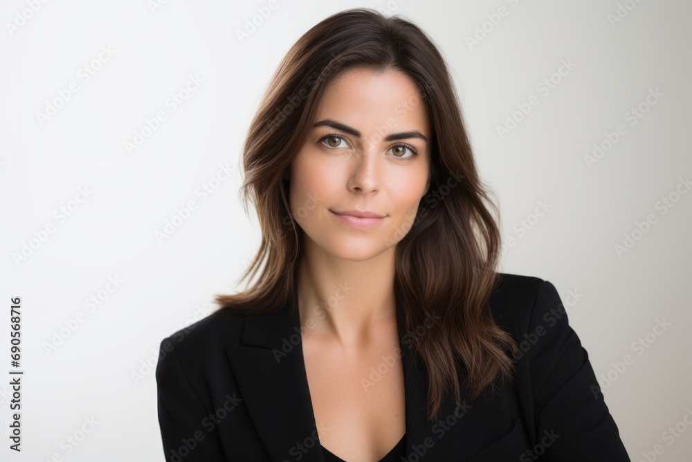 Portrait of a young business woman in a black suit on a white background Portrait of a young business woman in a black suit on a white background