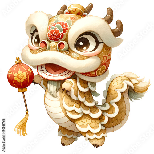 Watercolor Cute Dragon performing a solo lion dance for Celebrating Chinese New Year