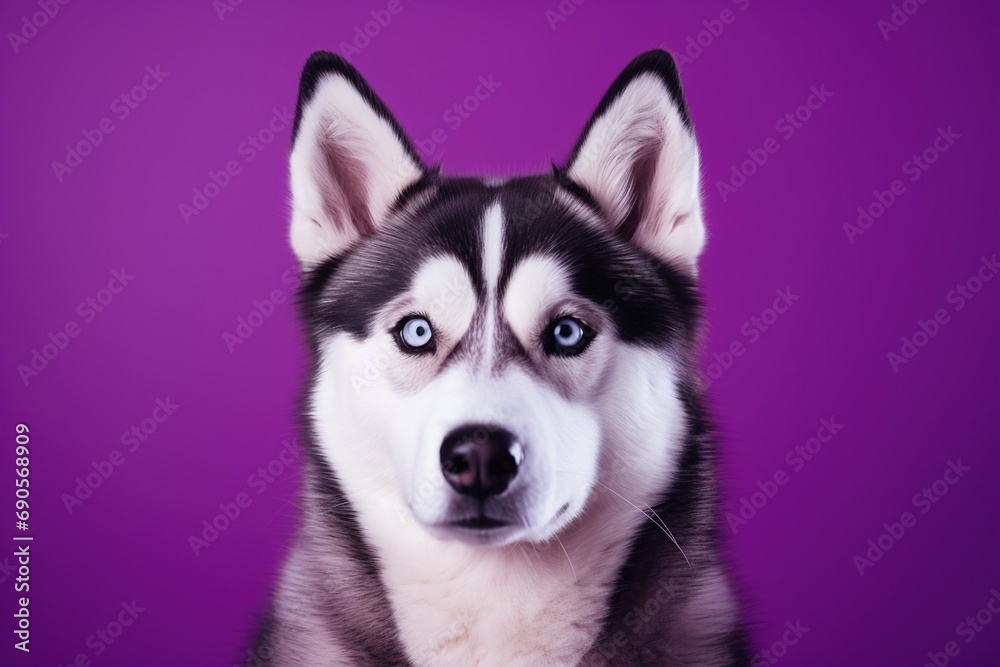 A close-up portrait of a husky dog with blue eyes and a purple background