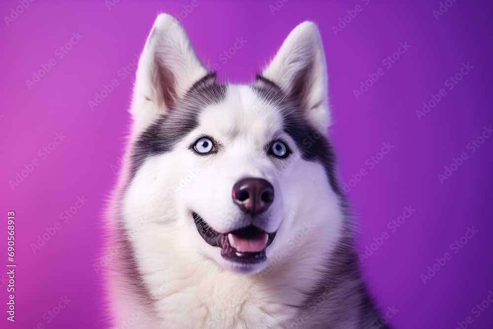 A close-up portrait of a husky dog with blue eyes and a purple background A close-up portrait of a husky dog with blue eyes and a purple background