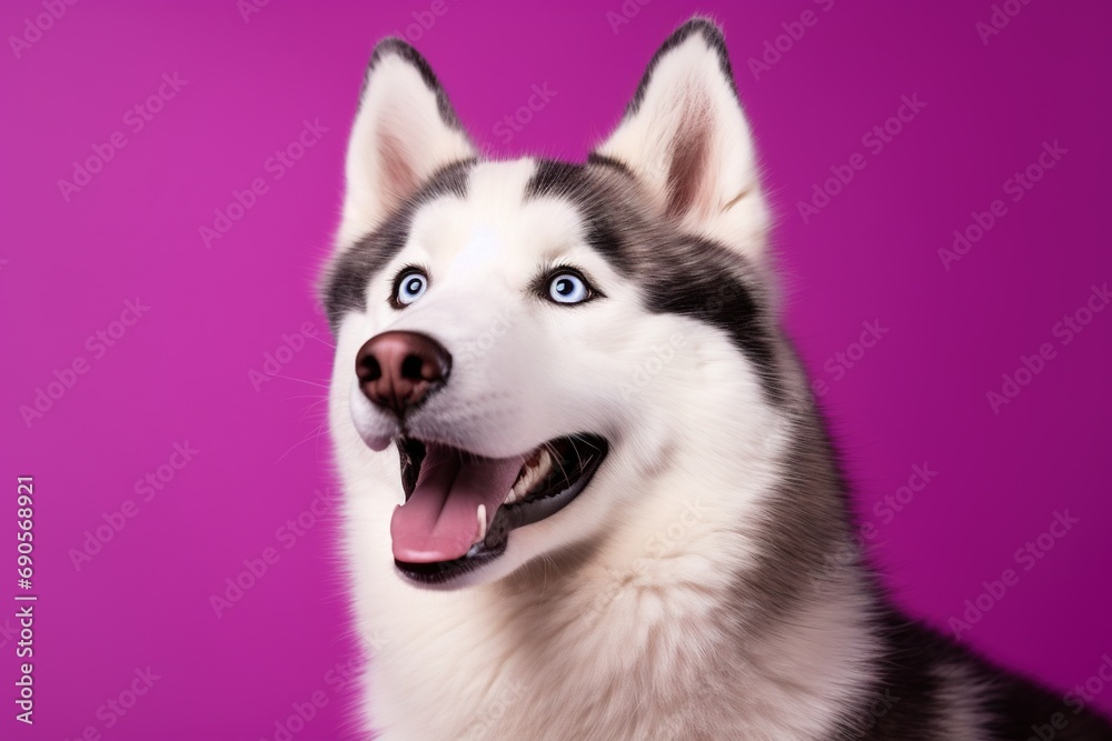 A close-up portrait of a husky dog with blue eyes and a purple background A close-up portrait of a husky dog with blue eyes and a purple background