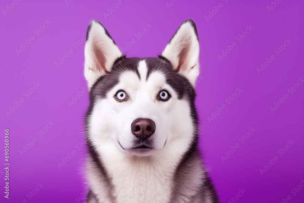 A close-up portrait of a husky dog with blue eyes and a purple background A close-up portrait of a husky dog with blue eyes and a purple background