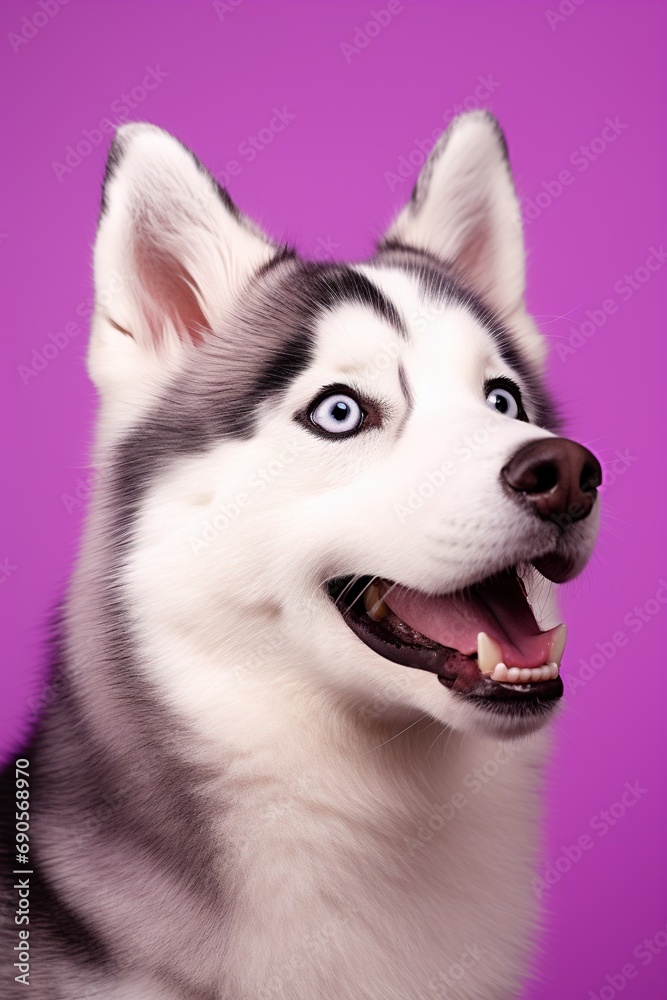 Obraz premium A close-up portrait of a husky dog with blue eyes and a purple background