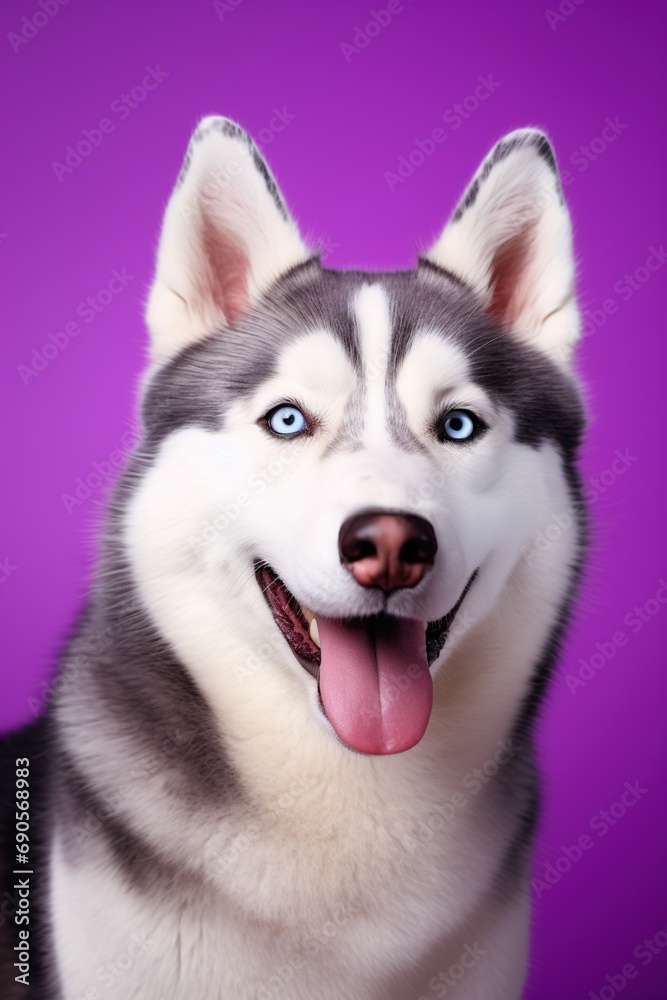 A close-up portrait of a husky dog with blue eyes and a purple background