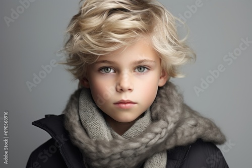 A closeup portrait of a beautiful girl with blond hair wearing warm winter clothes. © Nerea