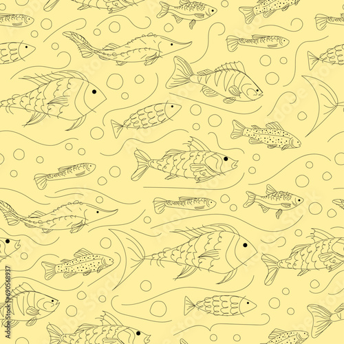 Seamless pattern of the sea world – fish swimming underwater with bubbles. Hand-drawn, vintage, quick doodle