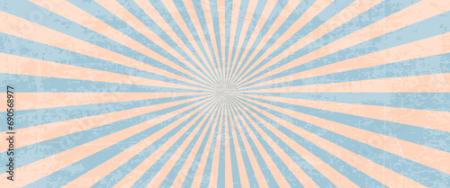 Vintage grunge shabby retro horizontal poster Peach fuzz trend color 2024 and blue background with diverging beams.