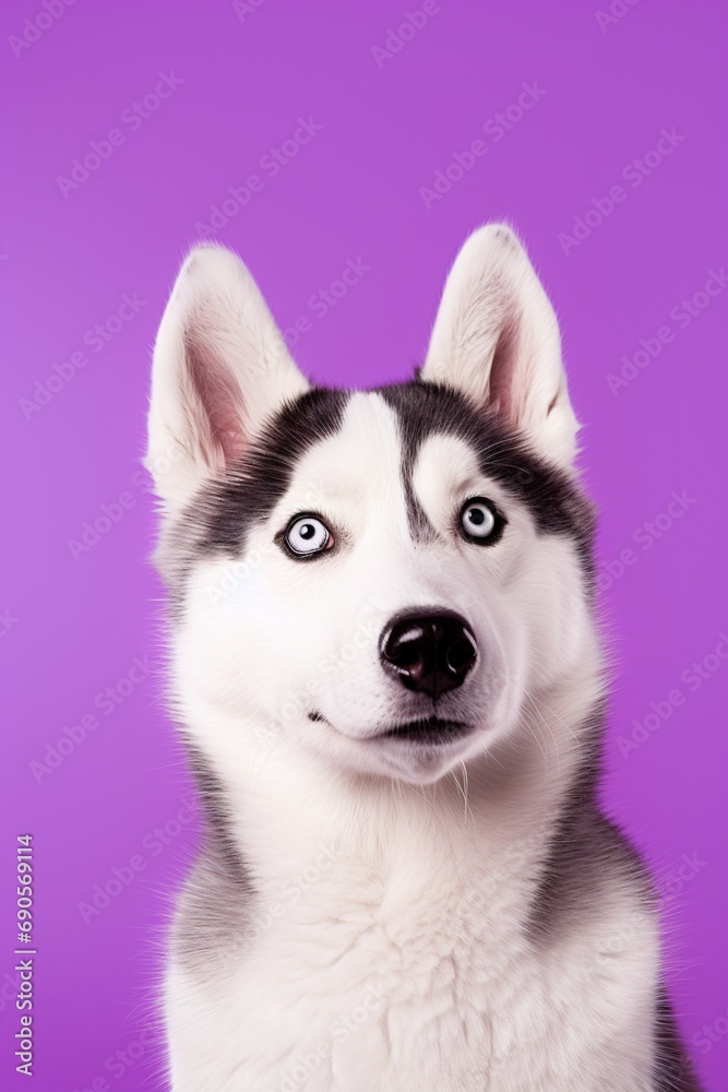 A close-up portrait of a husky dog with blue eyes and a purple background A close-up portrait of a husky dog with blue eyes and a purple background