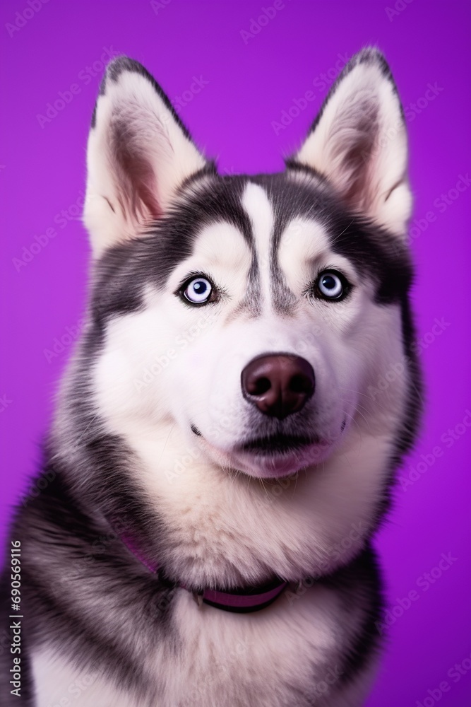 A close-up portrait of a husky dog with blue eyes and a purple background