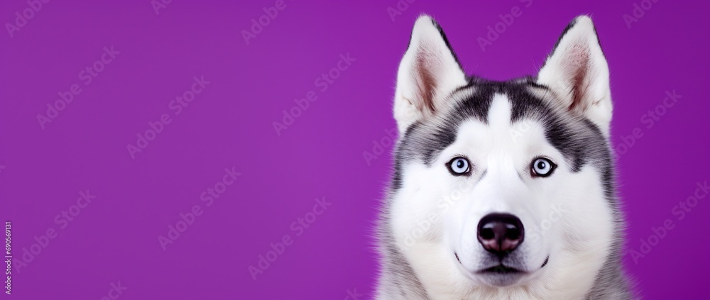 A close-up portrait of a husky dog with blue eyes and a purple background