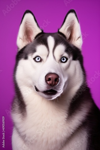 A close-up portrait of a husky dog with blue eyes and a purple background